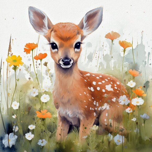 Cute Baby Fawn Deer with Flowers Watercolor Oil Painting Print - Picture 2 of 5